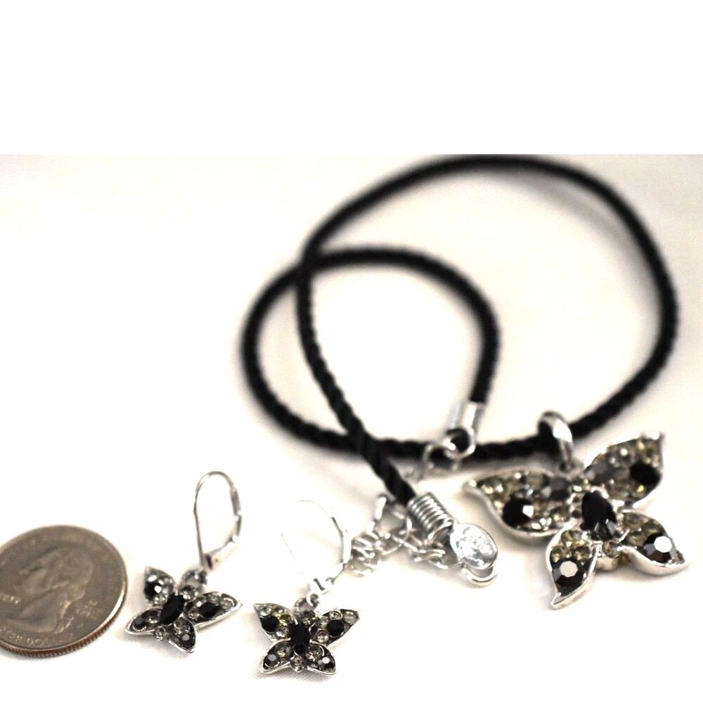 Cookie Lee Beautiful Set Black/Clear Crystal Butterfly Earrings & 14" Necklace